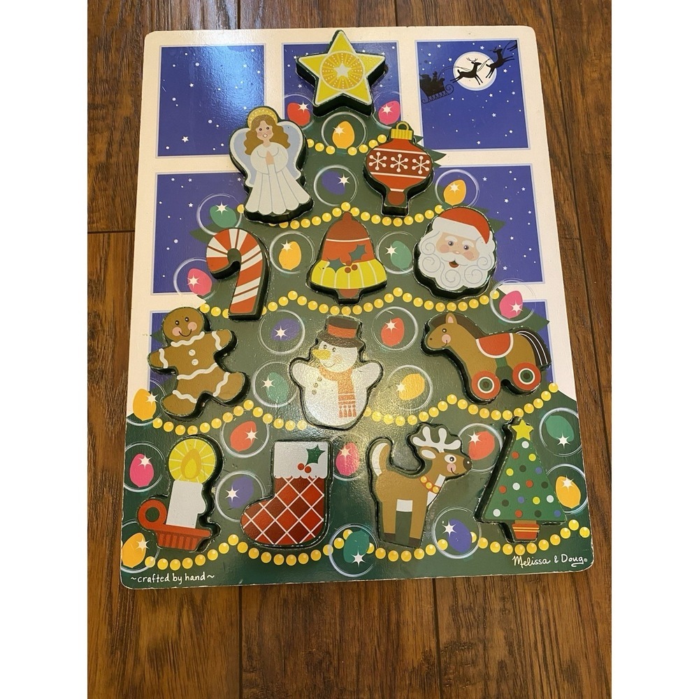 Rare Melissa & Doug Christmas Tree Wooden Chunky Puzzle Read